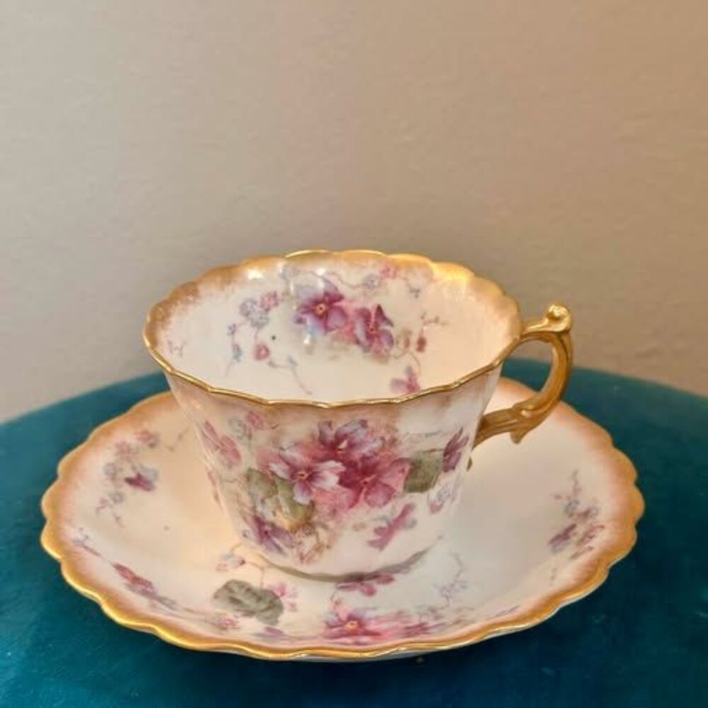 Antique Crescent China Teacup & Saucer Set - English Bone China (Violet Pattern)